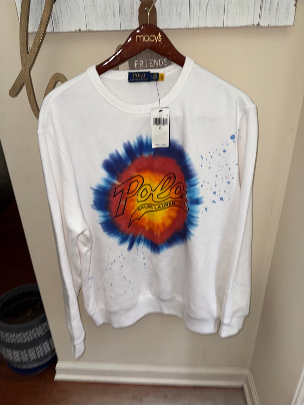 Polo by Ralph Lauren White Crewneck Sweatshirt with Blue and Orange Tie-Dye Logo